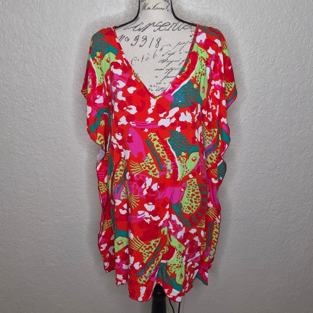 Escapada Living Red Tropical Fish Print Kaftan Swim Cover Up Tunic Large